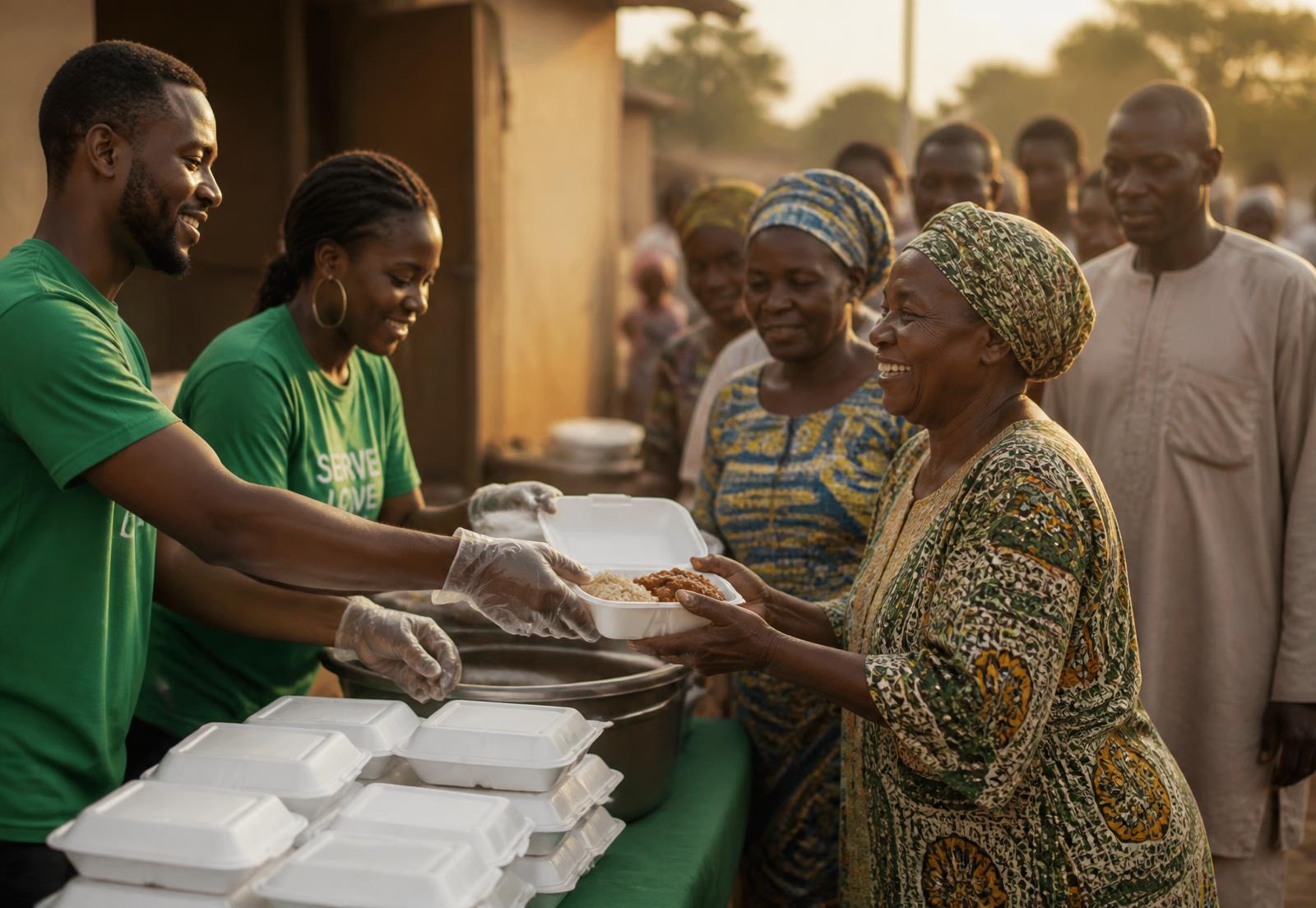Volunteers handing takeaway packs of rice and stew to community members